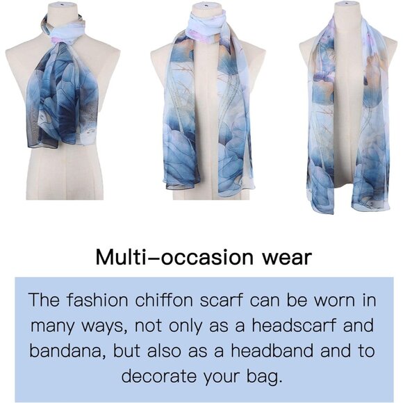 Women's Blue Fashion Lightweight Head Scarf Floral Print Chiffon Scarves - Picture 3 of 7